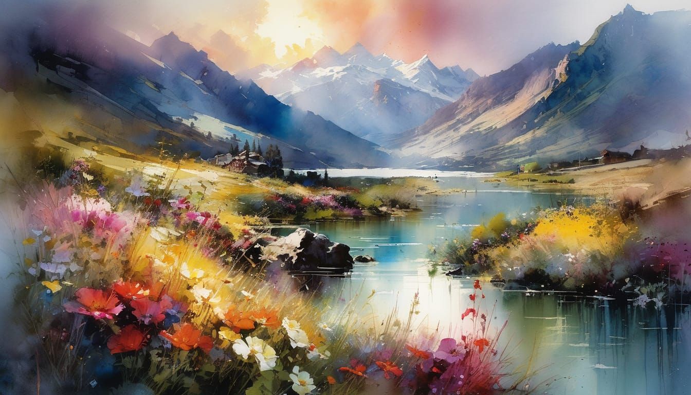 Fairytale Mountain Sunset in Watercolor Style