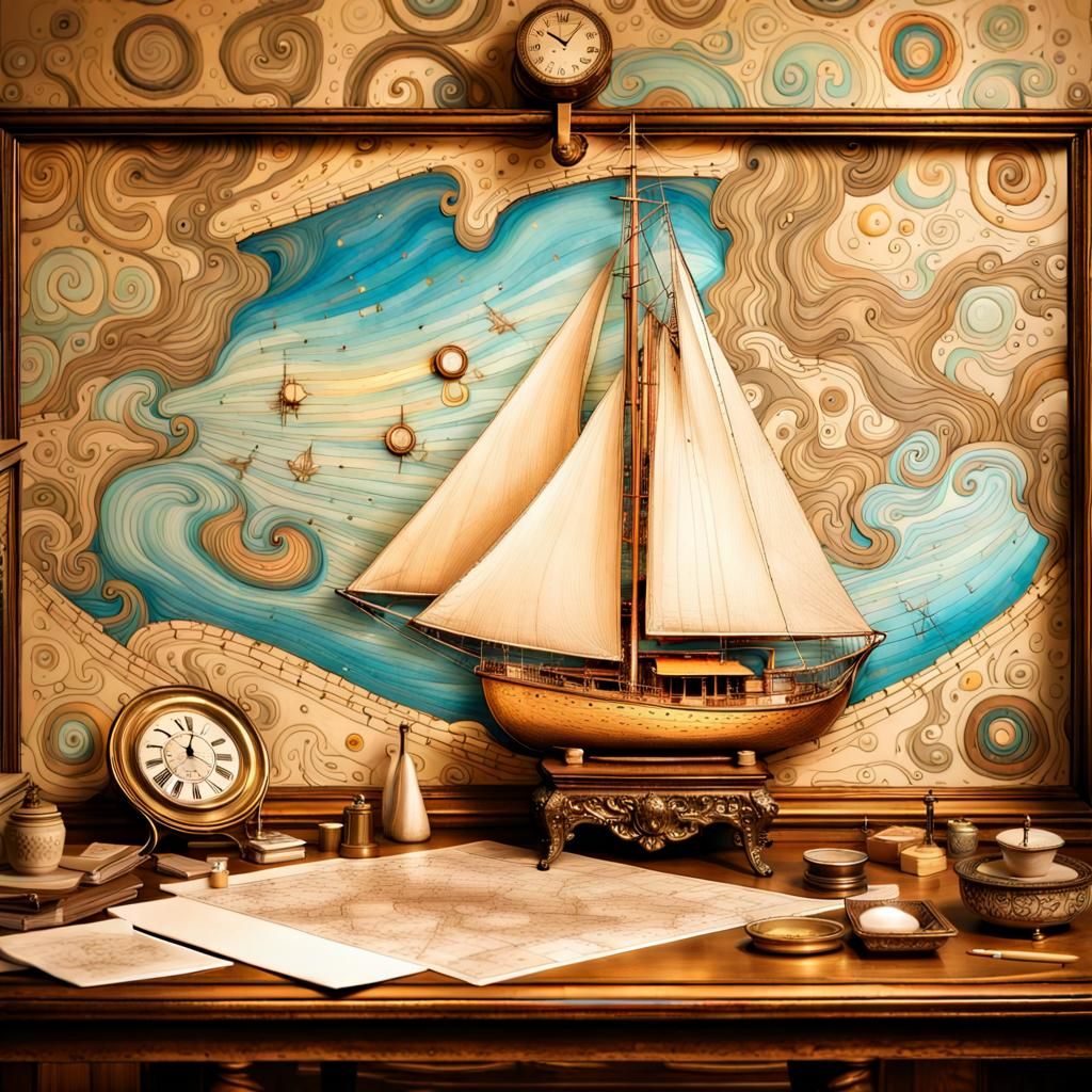 Magical Sailboat on Pearlescent Sea: Klimt-Inspired Art