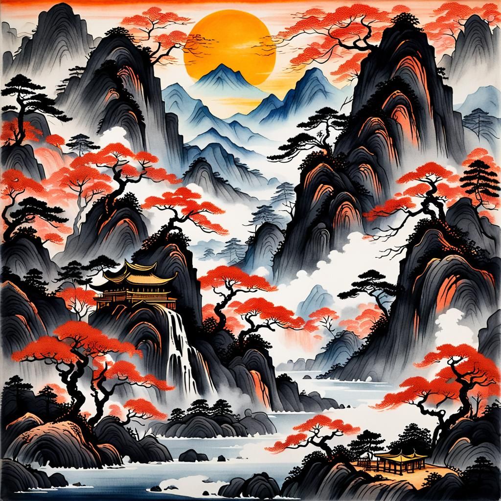 Chinese Landscape with Golden Accents in Ink Style