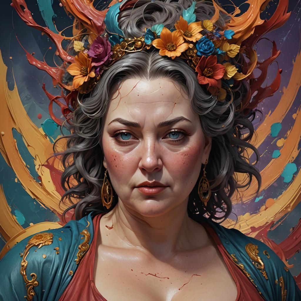 makeup-free raw unfiltered middle aged chubby woman. avant-garde, experimental evocative, flowing...