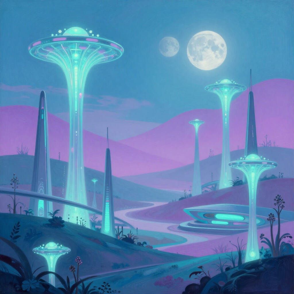 Futuristic Landscape Painting with Bioluminescent Flora