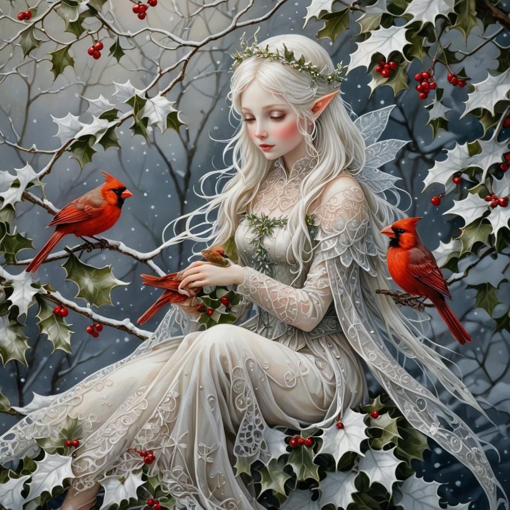 Snow Fairy with Cardinal in Oil Painting Style