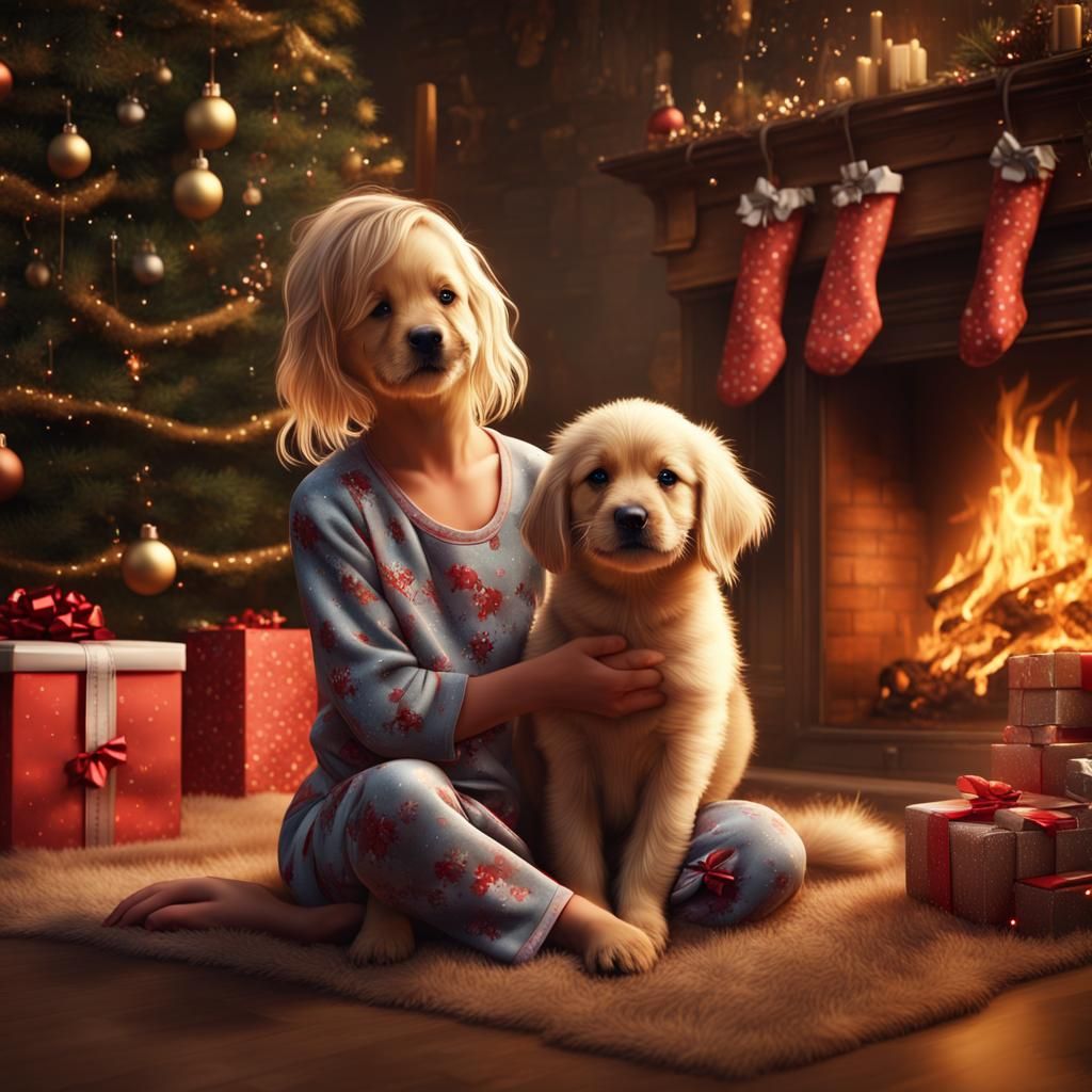 Puppies Playing by Fireplace: Fantasy Concept Art