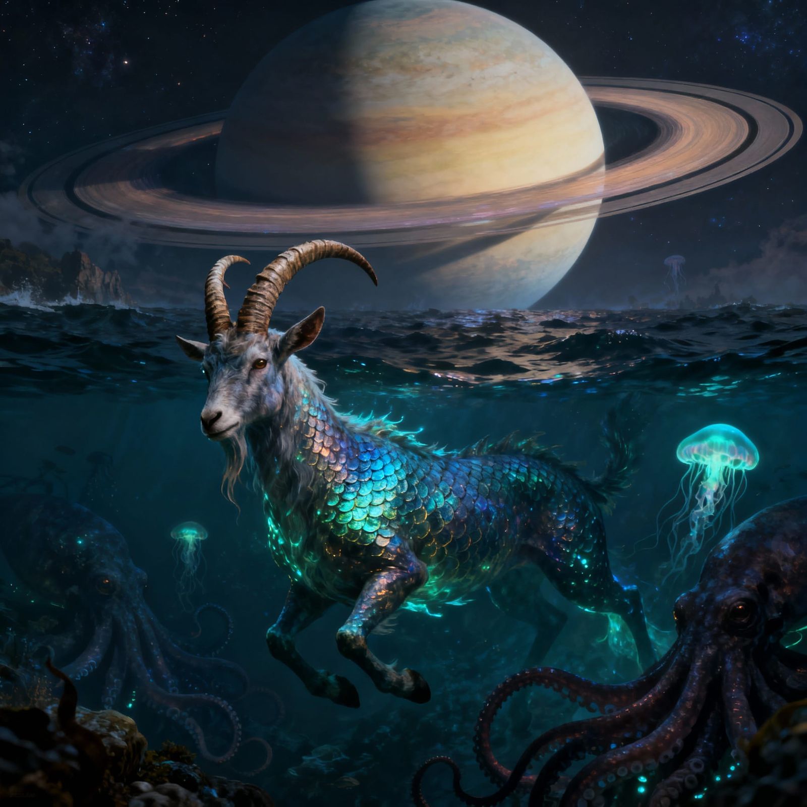 Seagoat Rises from Abyss Under Giant Saturn