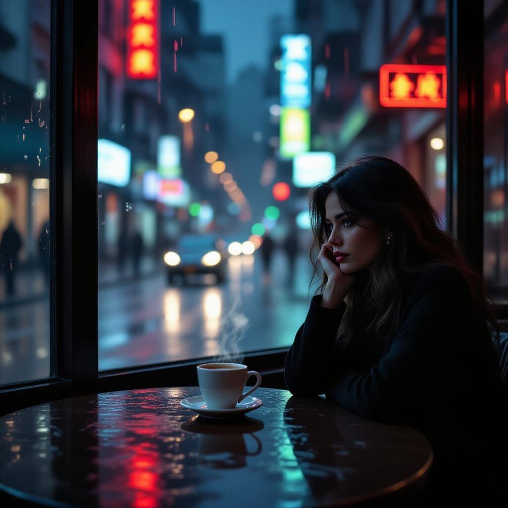 Solitary Woman in Moody Cafe, Rain-Streaked Neon Cityscape