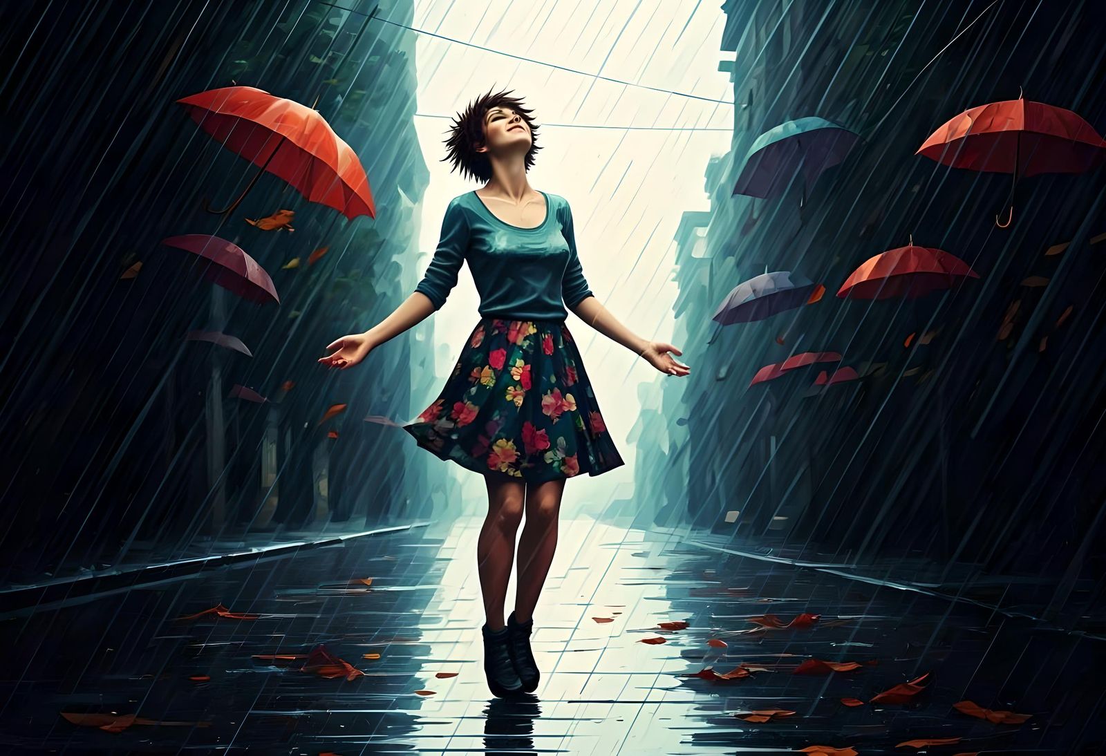 Brunette Woman Dancing in Rainy Chaos