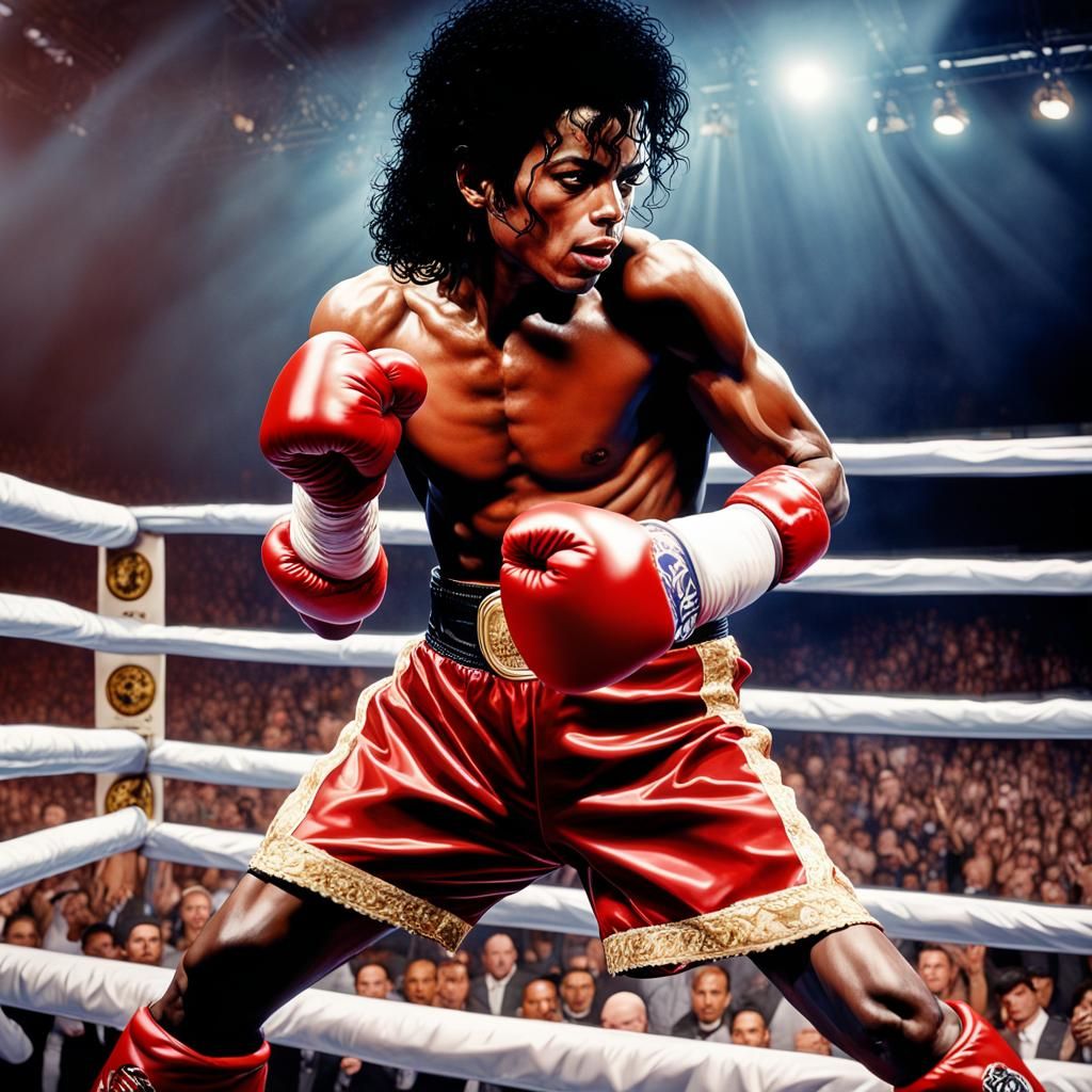 Michael Jackson in a boxing ring side on view ringside hyperreal in 8k...
