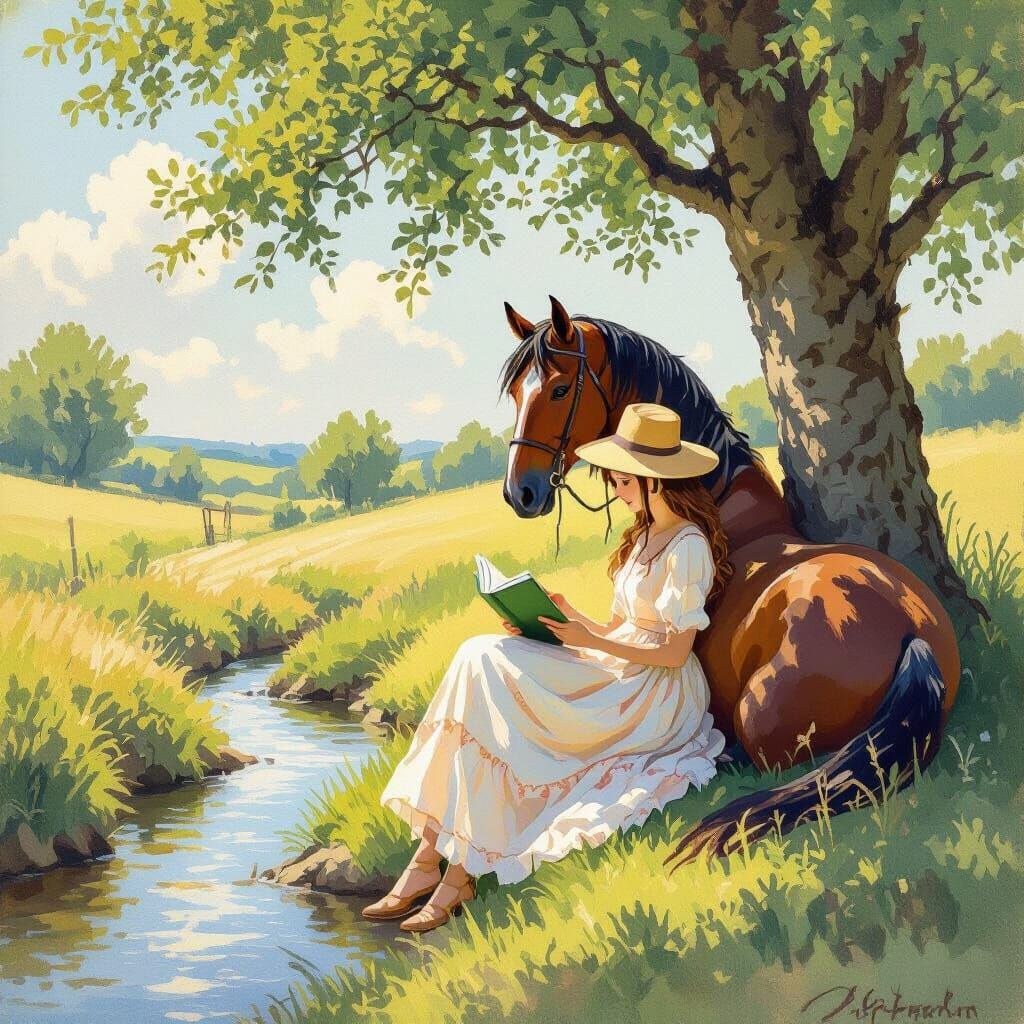 Girl Reading by Stream in Impressionist Style