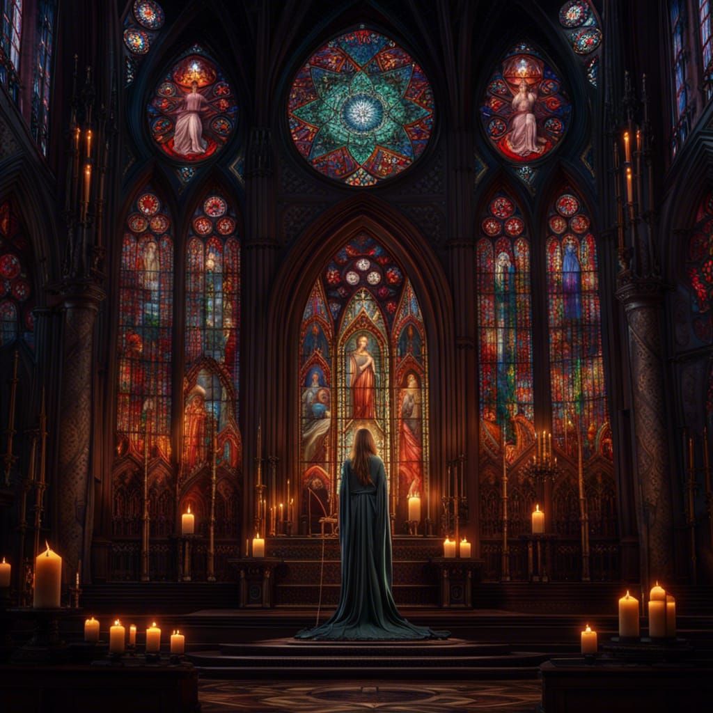 Candlelit Gothic Cathedral with Stained Glass Windows