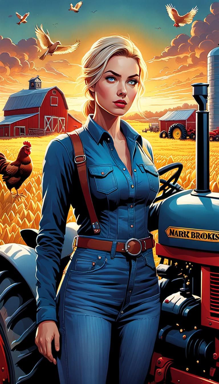 Cute Girl on Farm in Comic Book Style