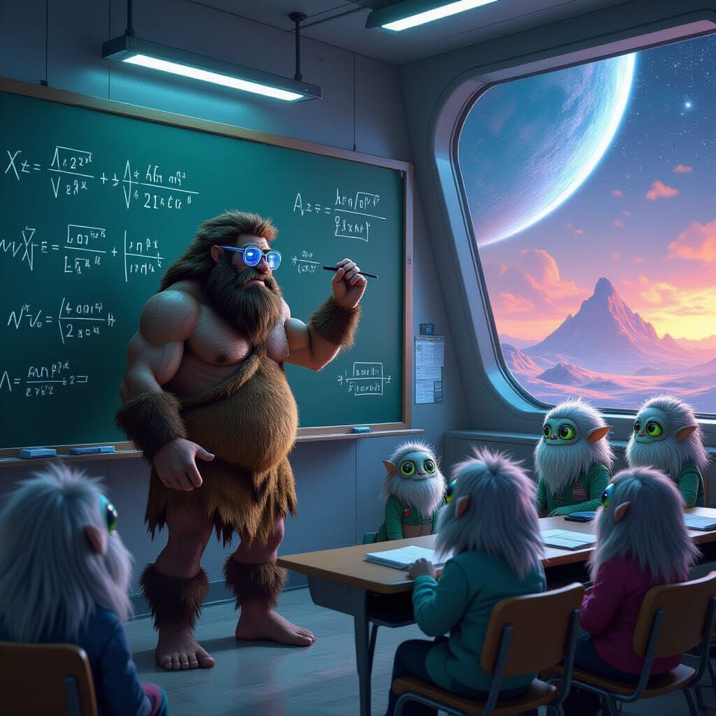 Caveman Calculus Teacher in Futuristic Classroom