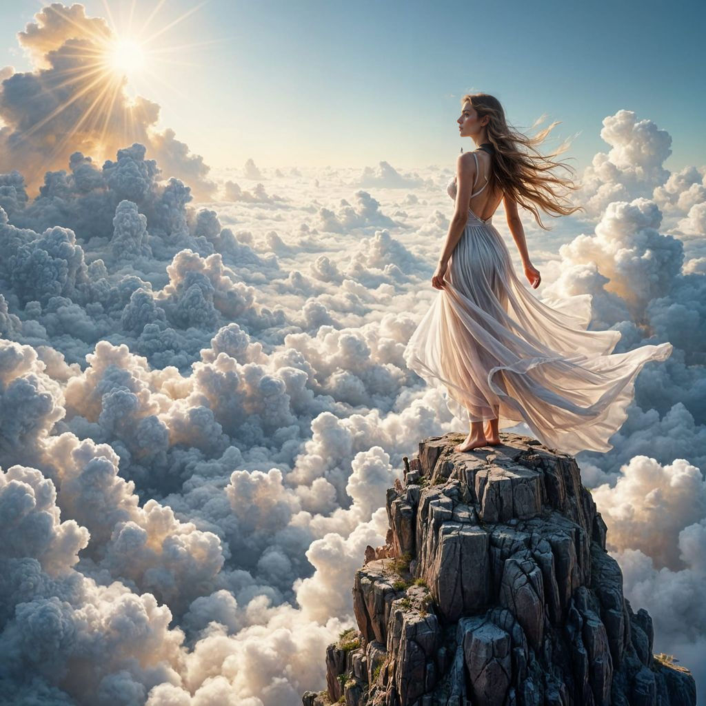 Ethereal Woman on Rock Spire in Sunlight