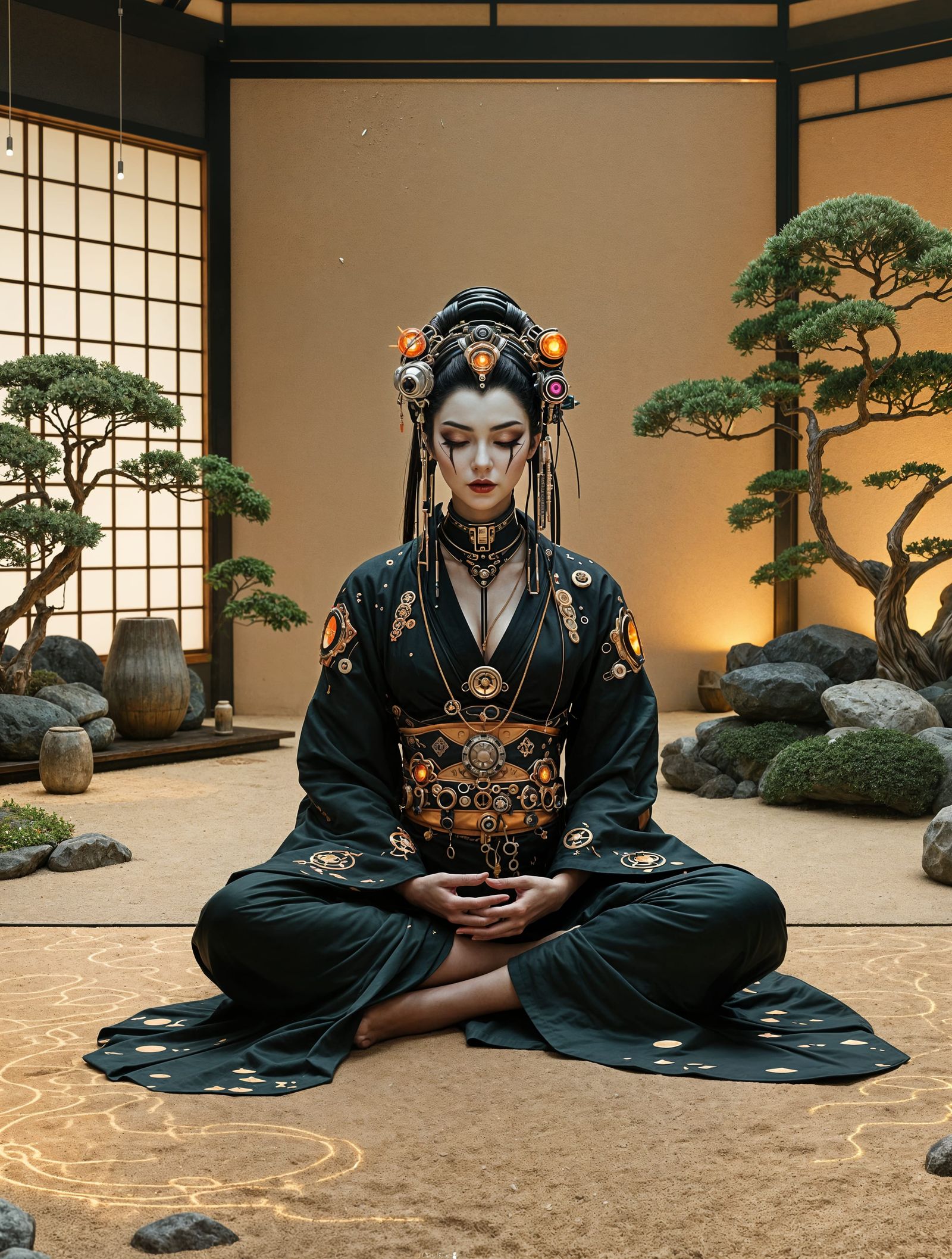 Cyberpunk Geisha in Minimalist Zen Garden