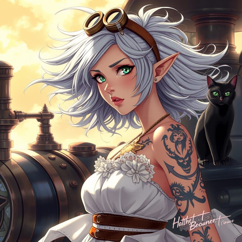 Beautiful woman tiny pointy ears long windswept silver hair she has tattoos with a little grease on her nose, wearing a ...