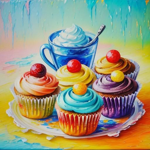 Colorful Cupcakes in Neo-Impressionist Impasto Style