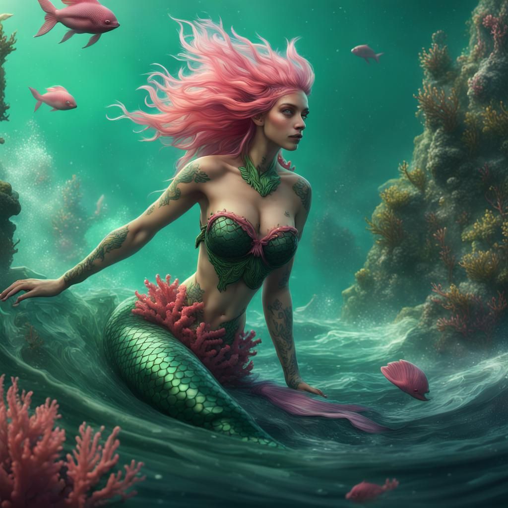 Mermaid with Green and Pink Hair in Coral Sea