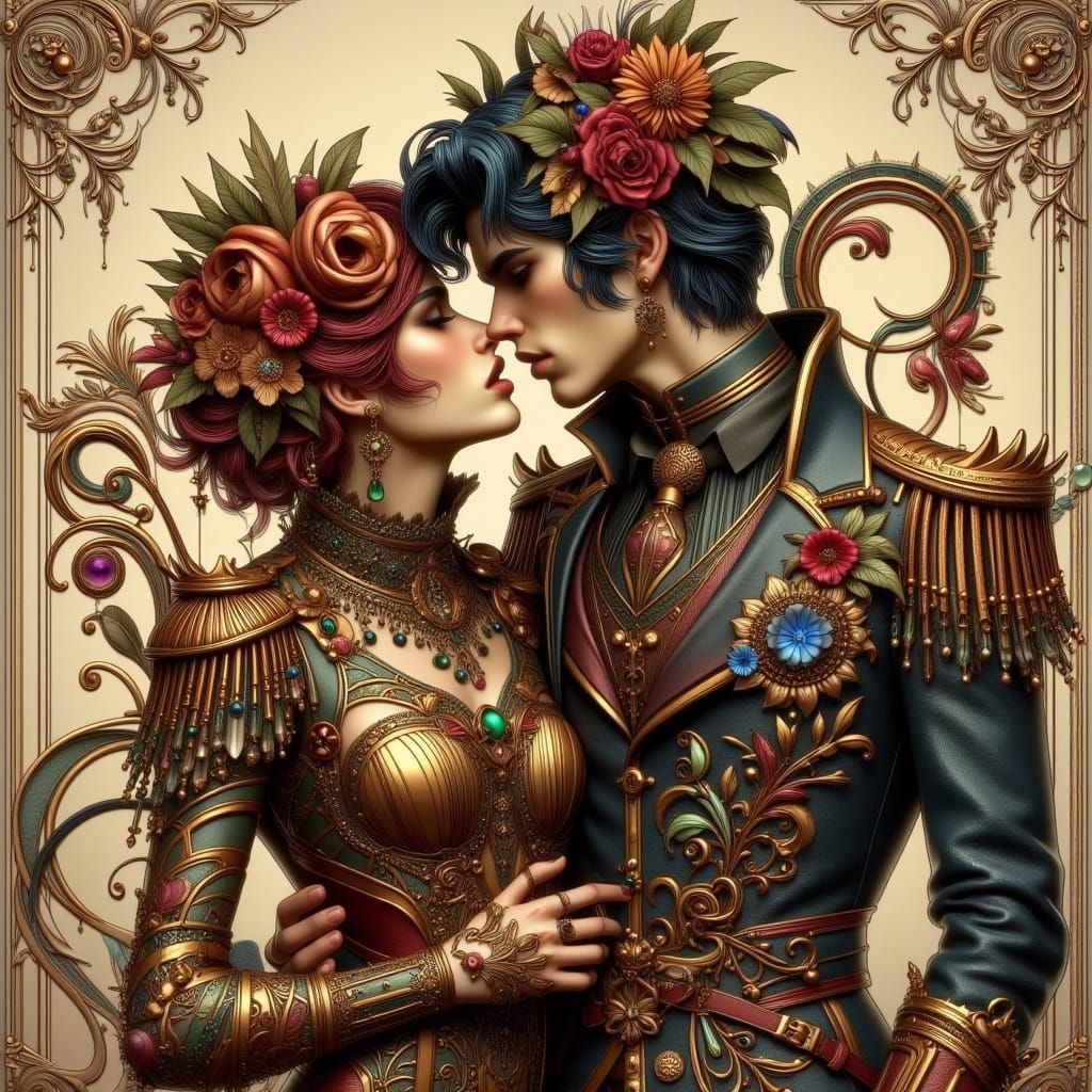 Romantic Art Nouveau Punk Couple in Passionate Kiss