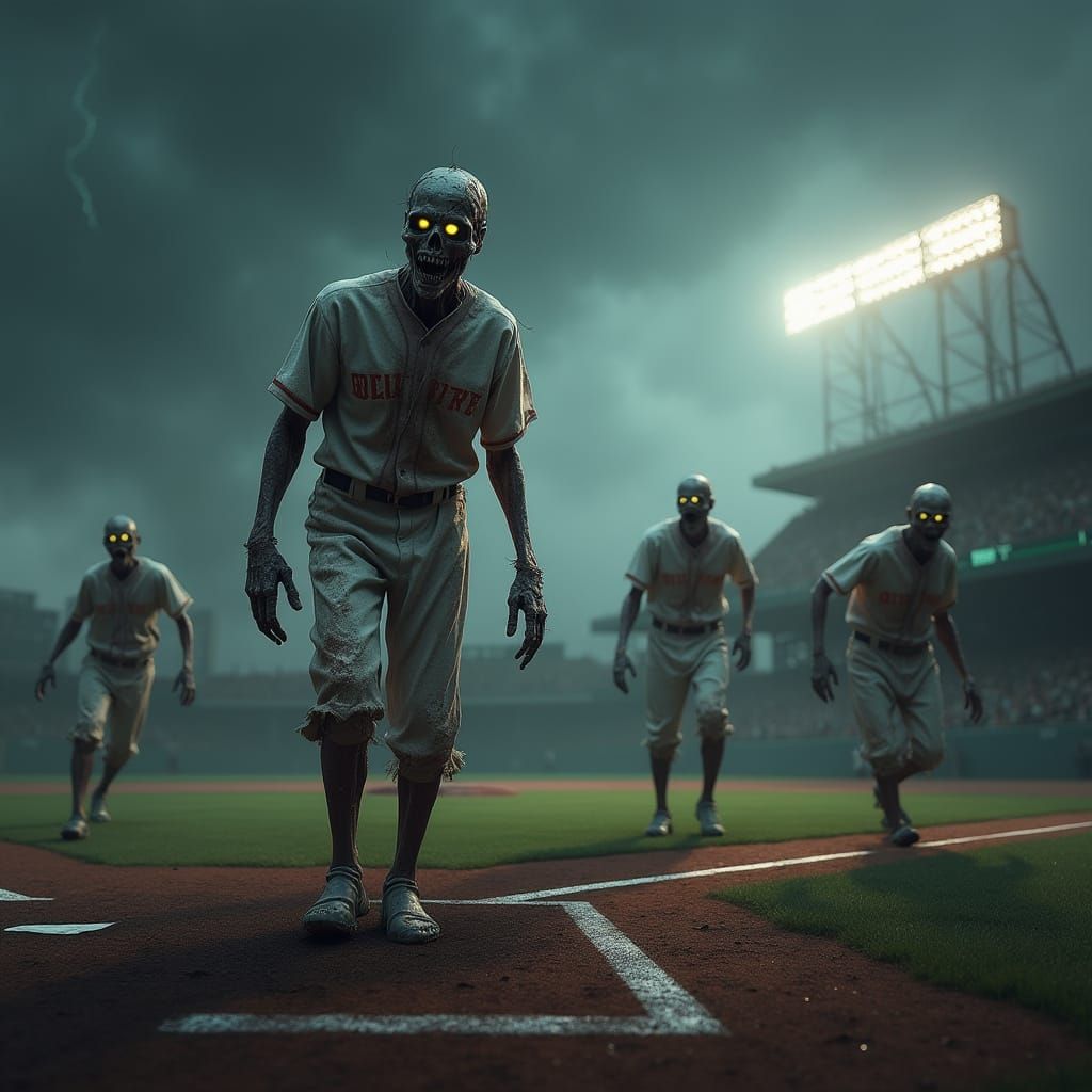 Halloween Zombies Play Baseball Under Stormy Skies