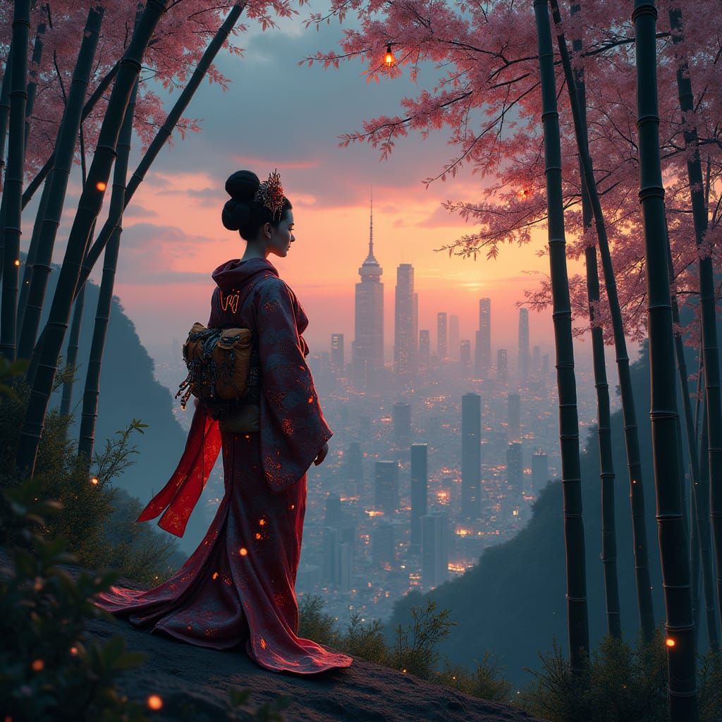 Geisha in Cyberpunk City at Twilight
