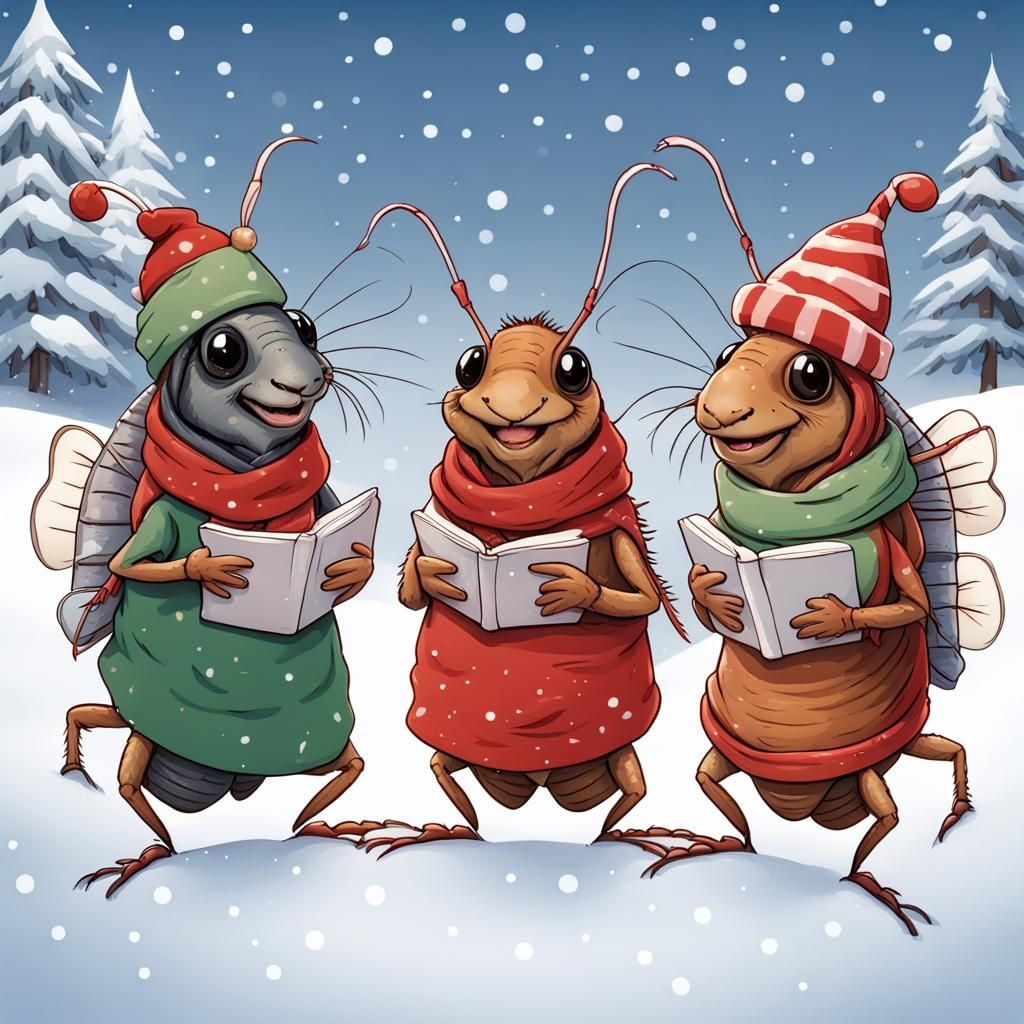 Festive Cockroaches Sing Christmas Carols in Snow