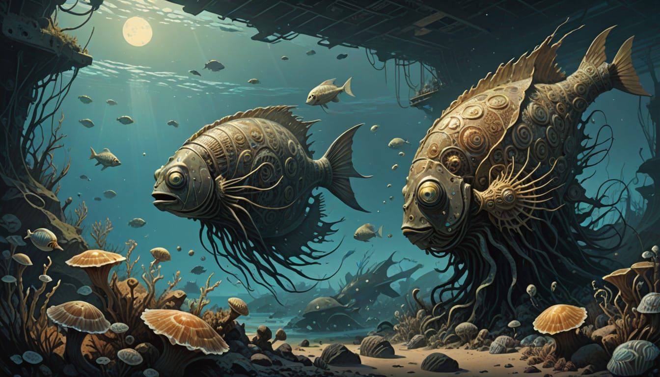 Mesozoic Ocean Scene with Ancient Marine Life in Golden Ligh...