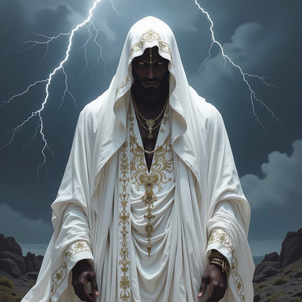 Majestic Duality Figure in Stormy Landscape