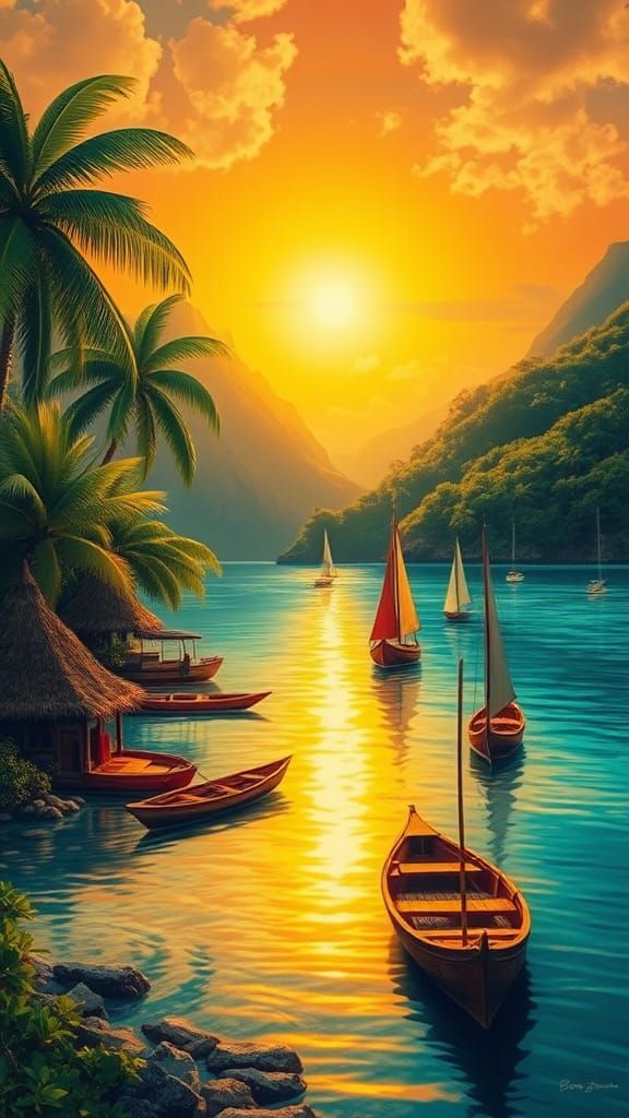 South Pacific Village Sunrise in Naive Art Style