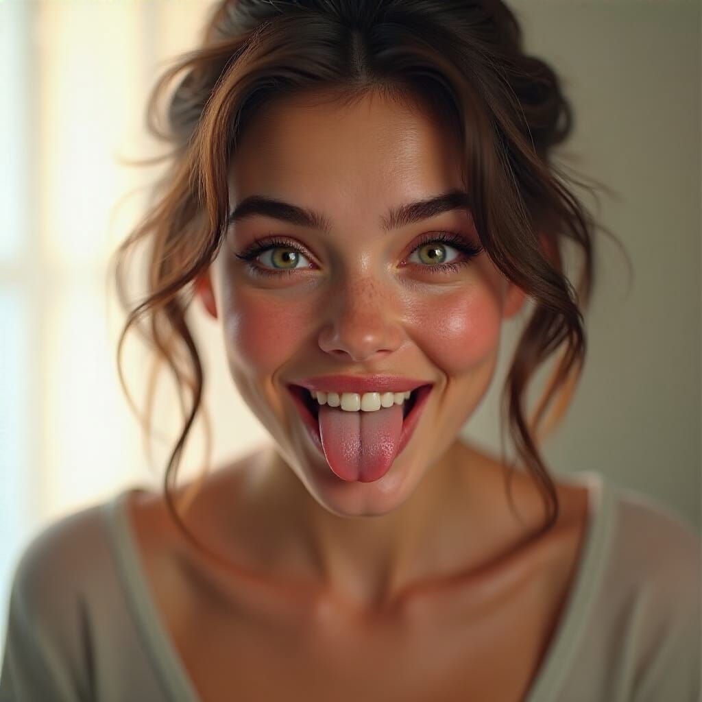 Playful Woman Sticks Tongue Out, Warm Studio Portrait