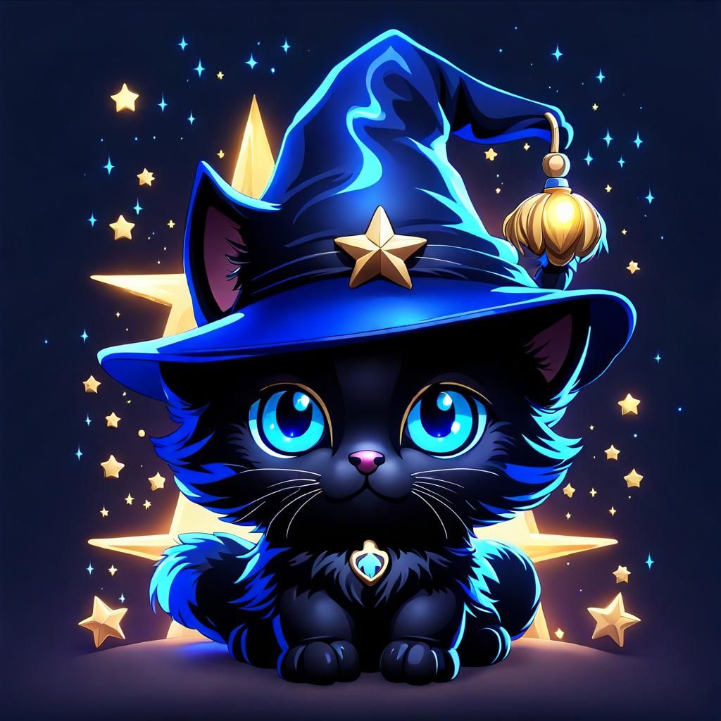 Chibi Black Cat Puppy in Wizard Hat