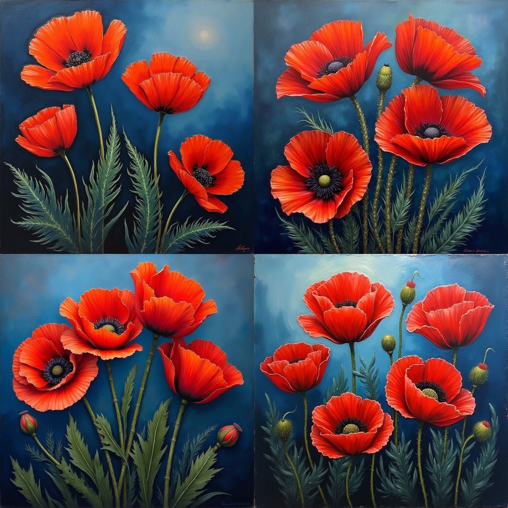 Vibrant Red Poppies in a Dark, Mysterious Landscape