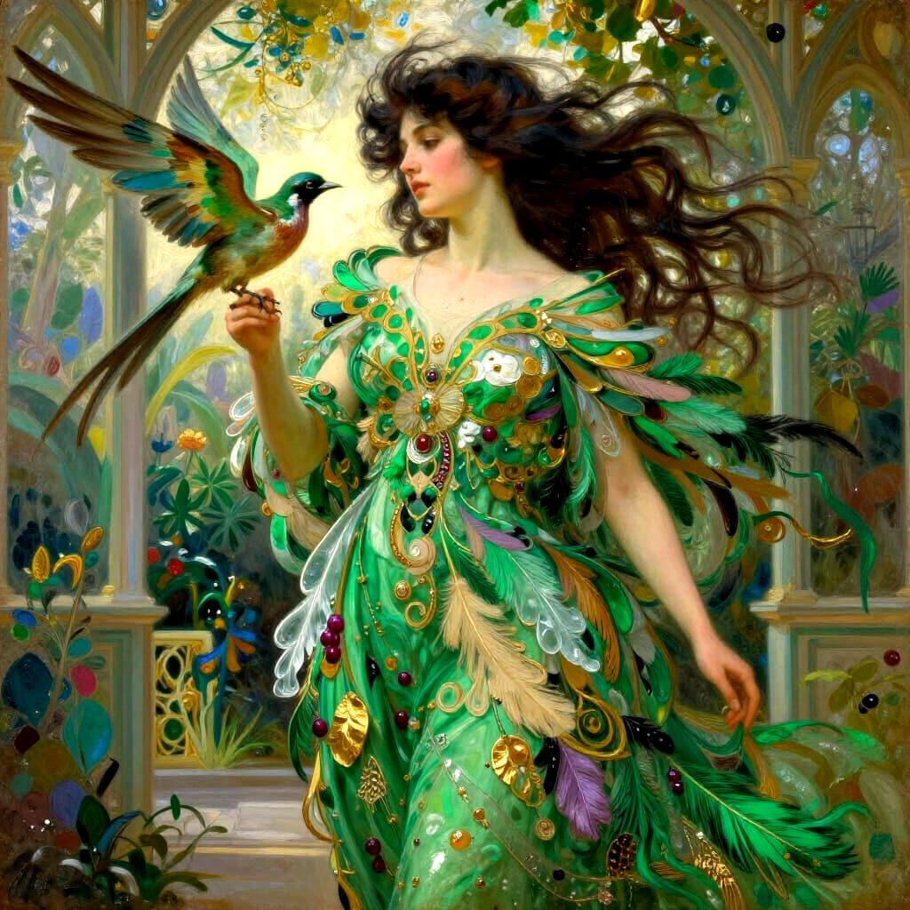 Art Nouveau Goddess with Bird in Feathered Dress