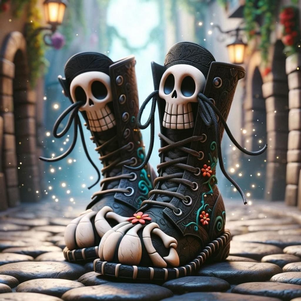 Macabre Bone Boots in Dimly Lit Alleyway