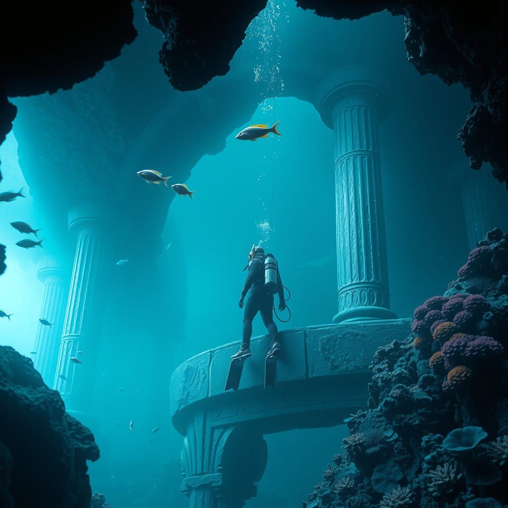 Diver Explores Bioluminescent Ruins in Cinematic Style