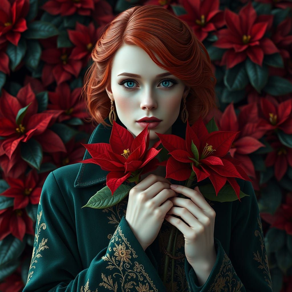 Luxurious Femme Fatale Holds Majestic Poinsettia in Baroque-...