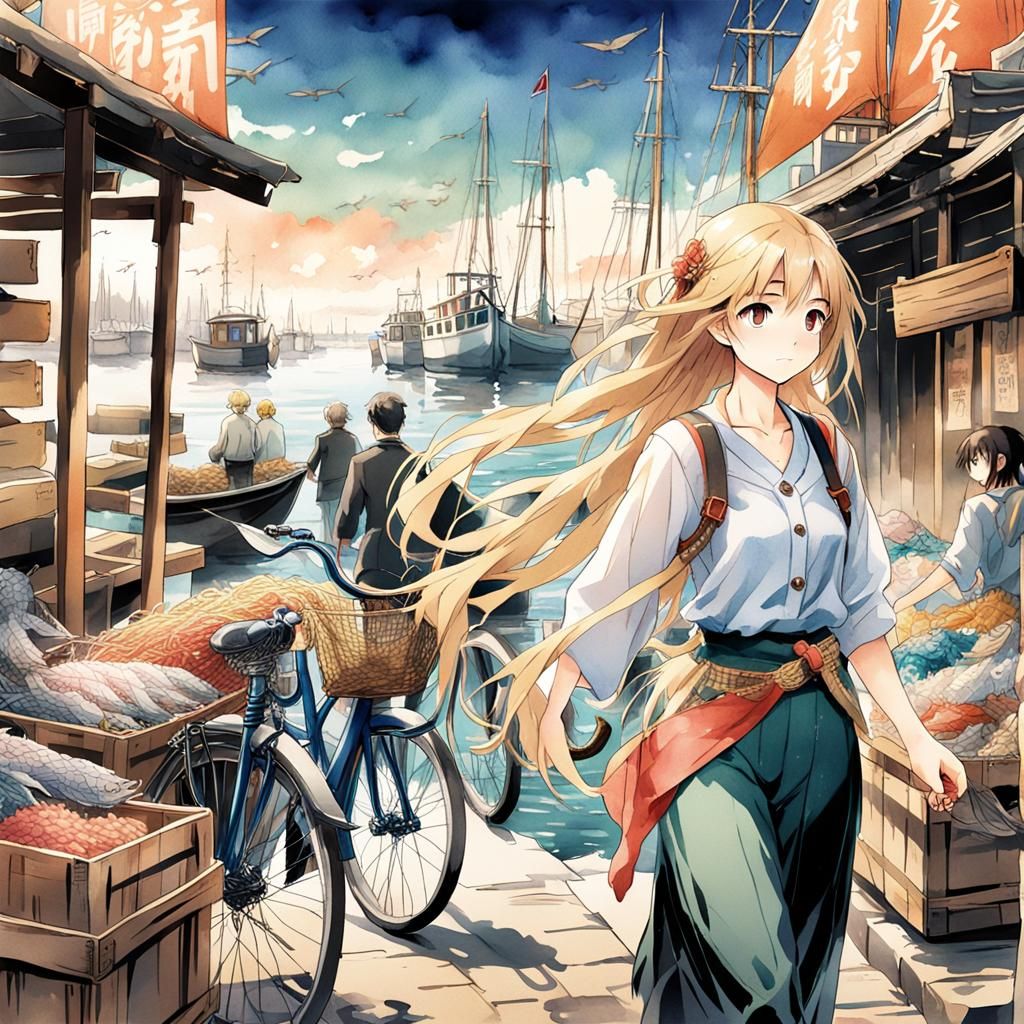 Anime Girl with Bicycle on Harbor Quay