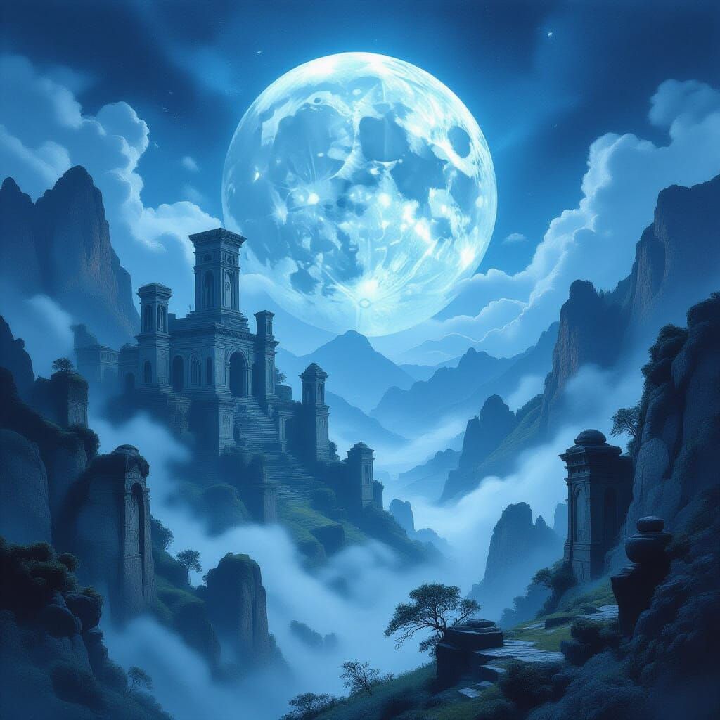 Moonlit Ruins in Art Nouveau Pencil Sketch