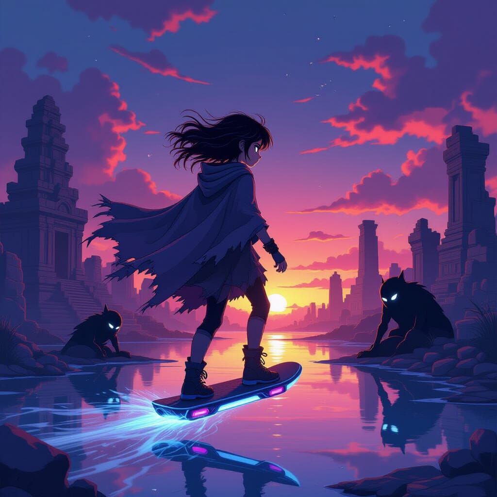 Anime Girl's Twilight Flight on Futuristic Skateboard