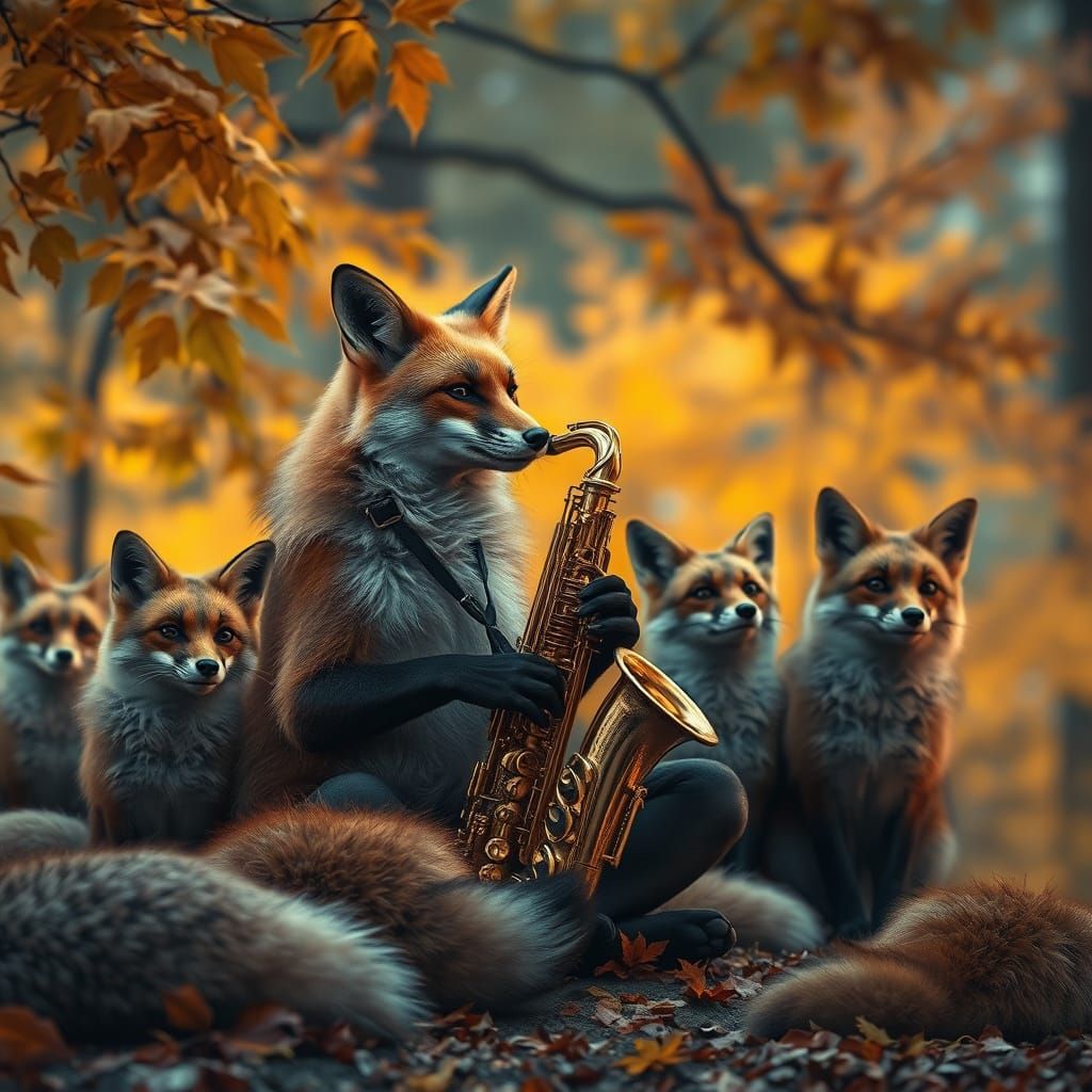Fox Musician Entertains Audience in Dreamlike Digital Art