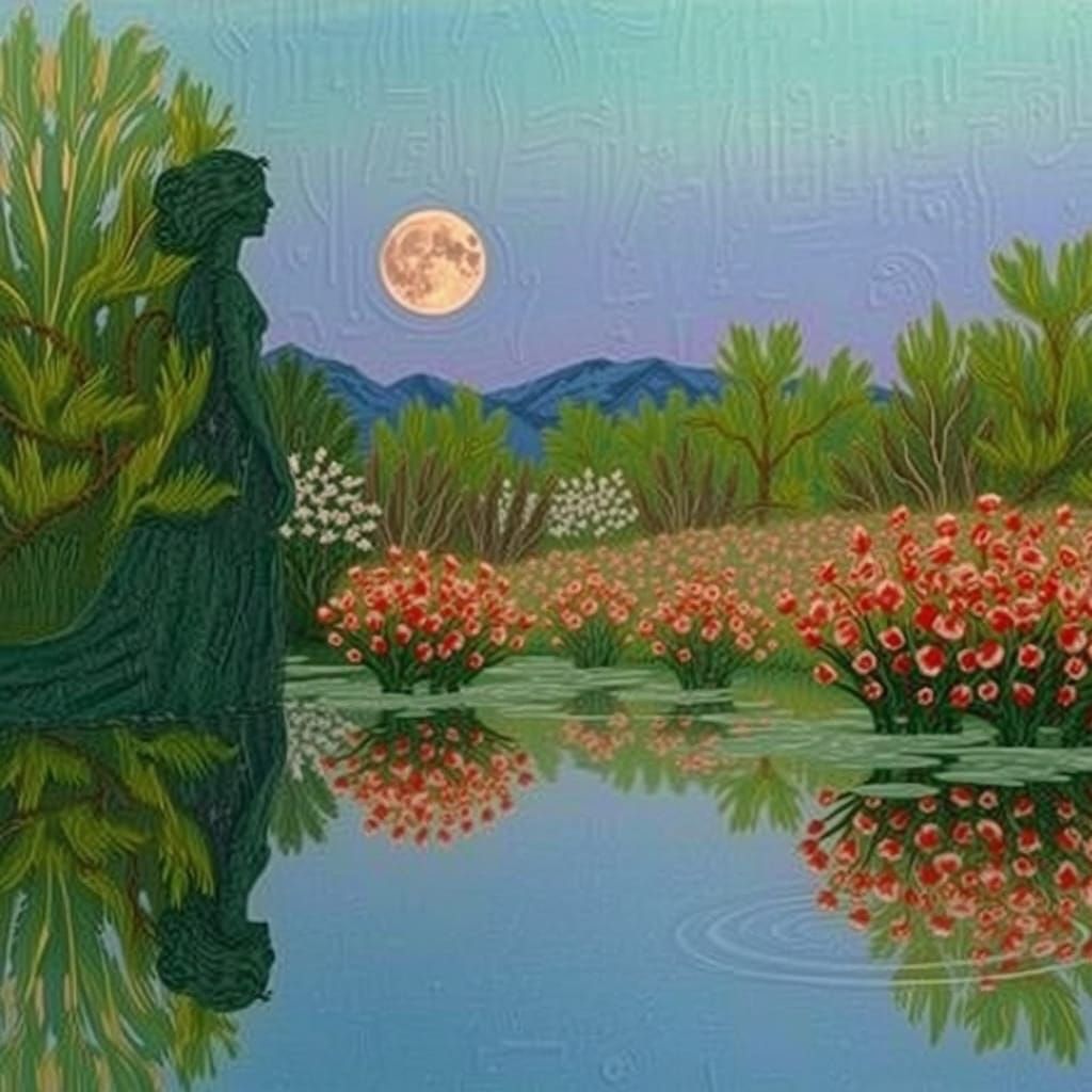 Serene Woman Contemplates Moonrise Over Silver Lake with Vib...