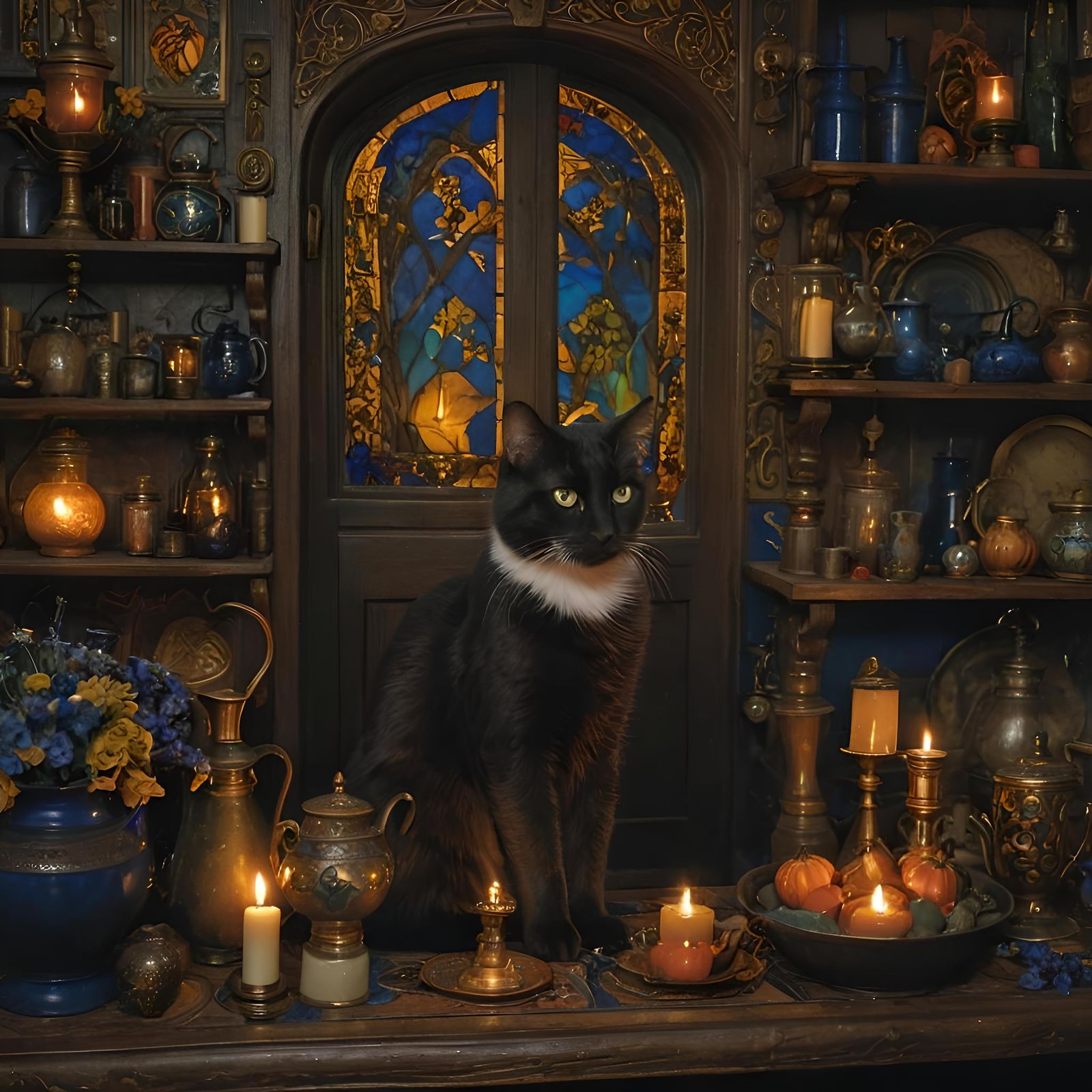 Cozy Witch's Kitchen Cat, Klimt Inspired Art