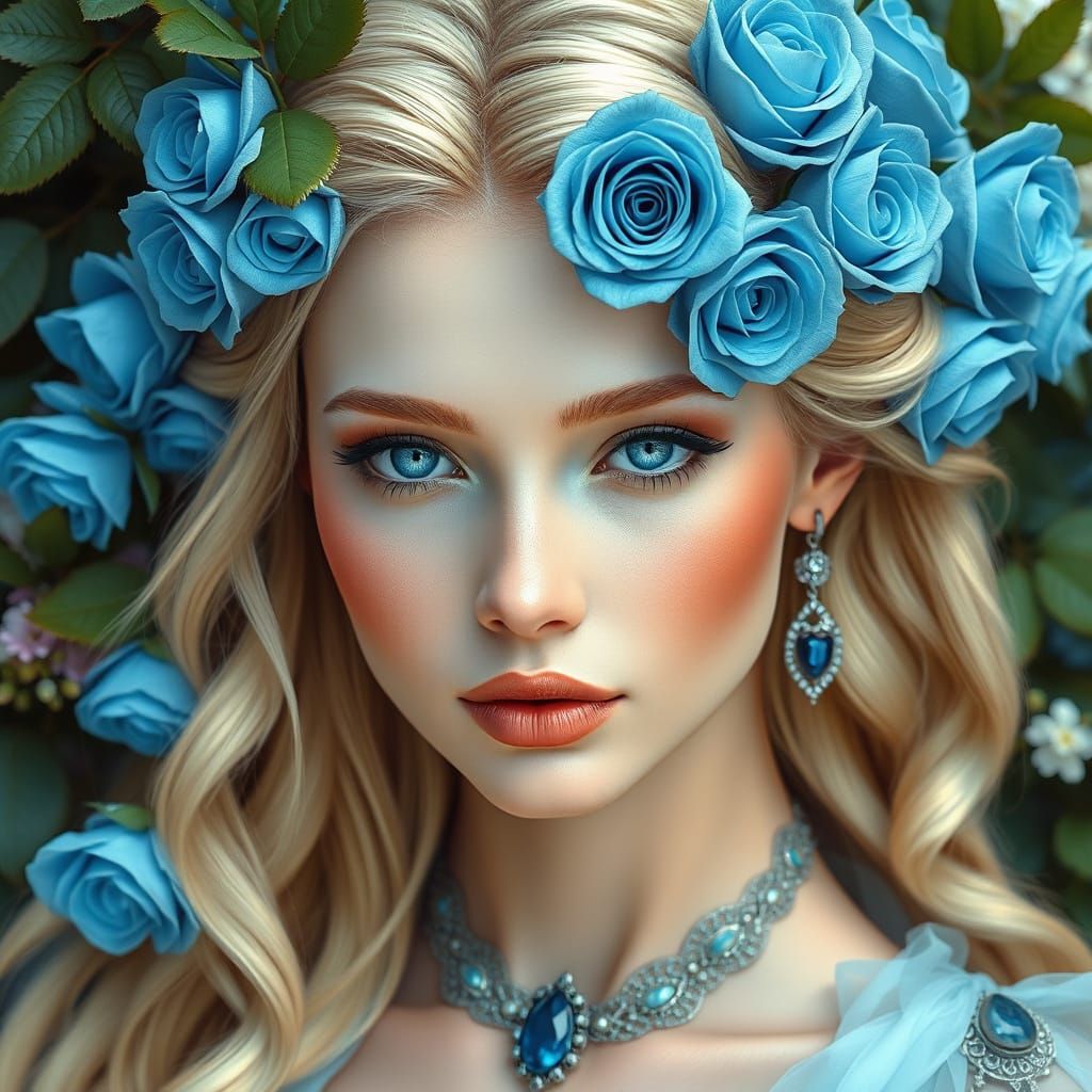 Goddess in Ethereal Beauty, Wearing Blue Roses in Blonde Hai...