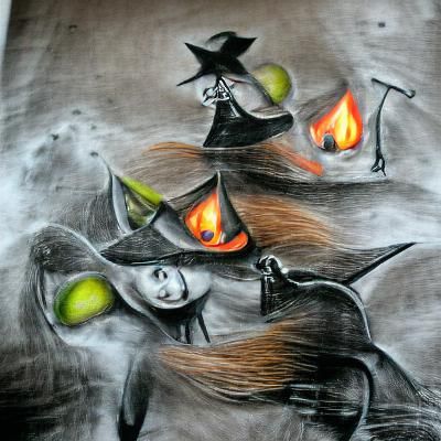 Eerie Halloween Witches in Charcoal Drawing