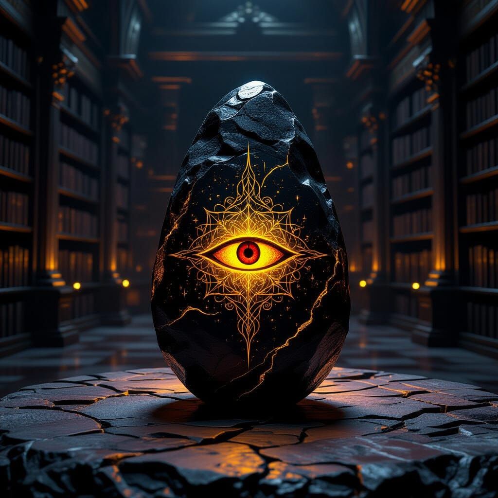 Dark Palantir Stone in Ancient Library Concept Art