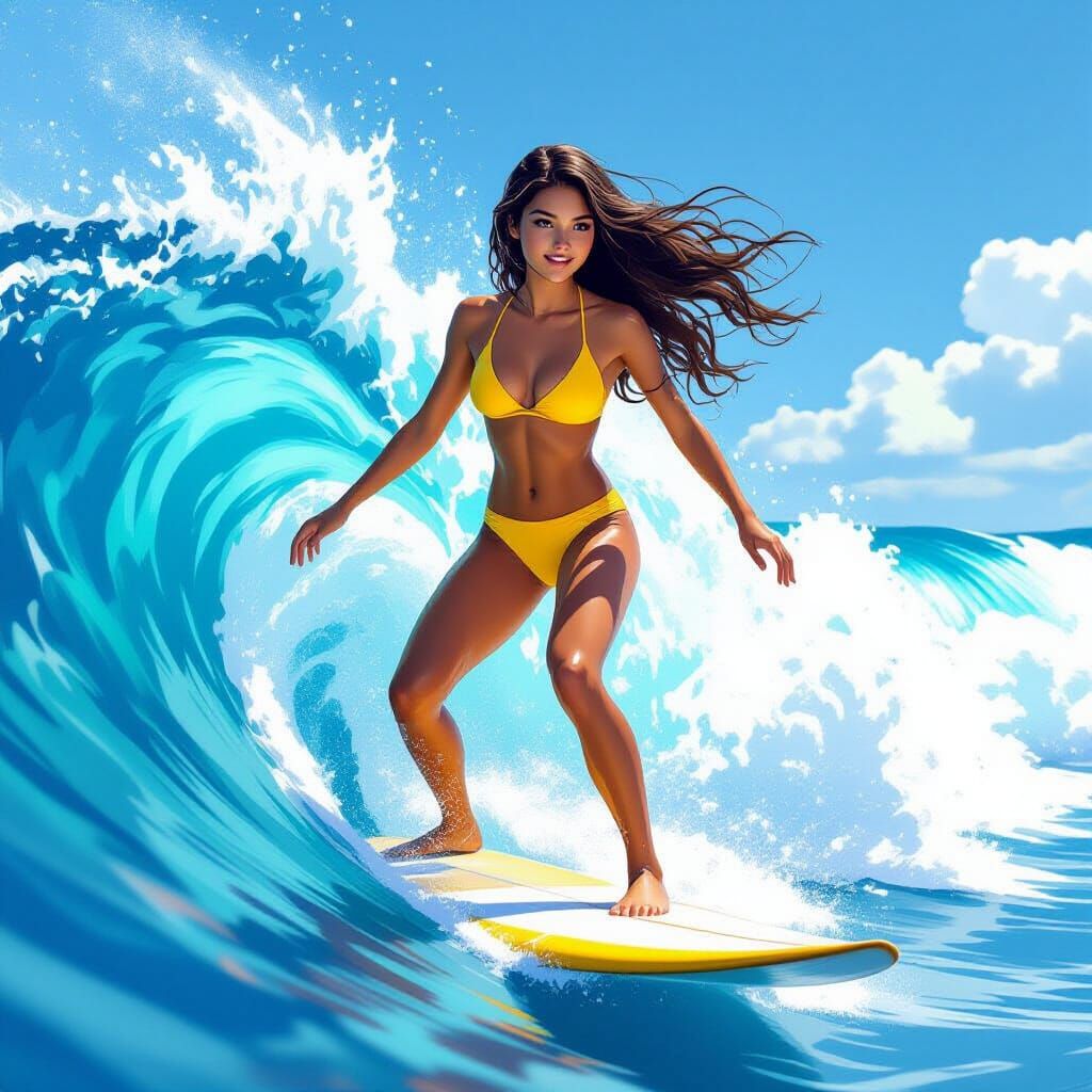 Surfer Girl Rides Ocean Wave in Digital Art Style