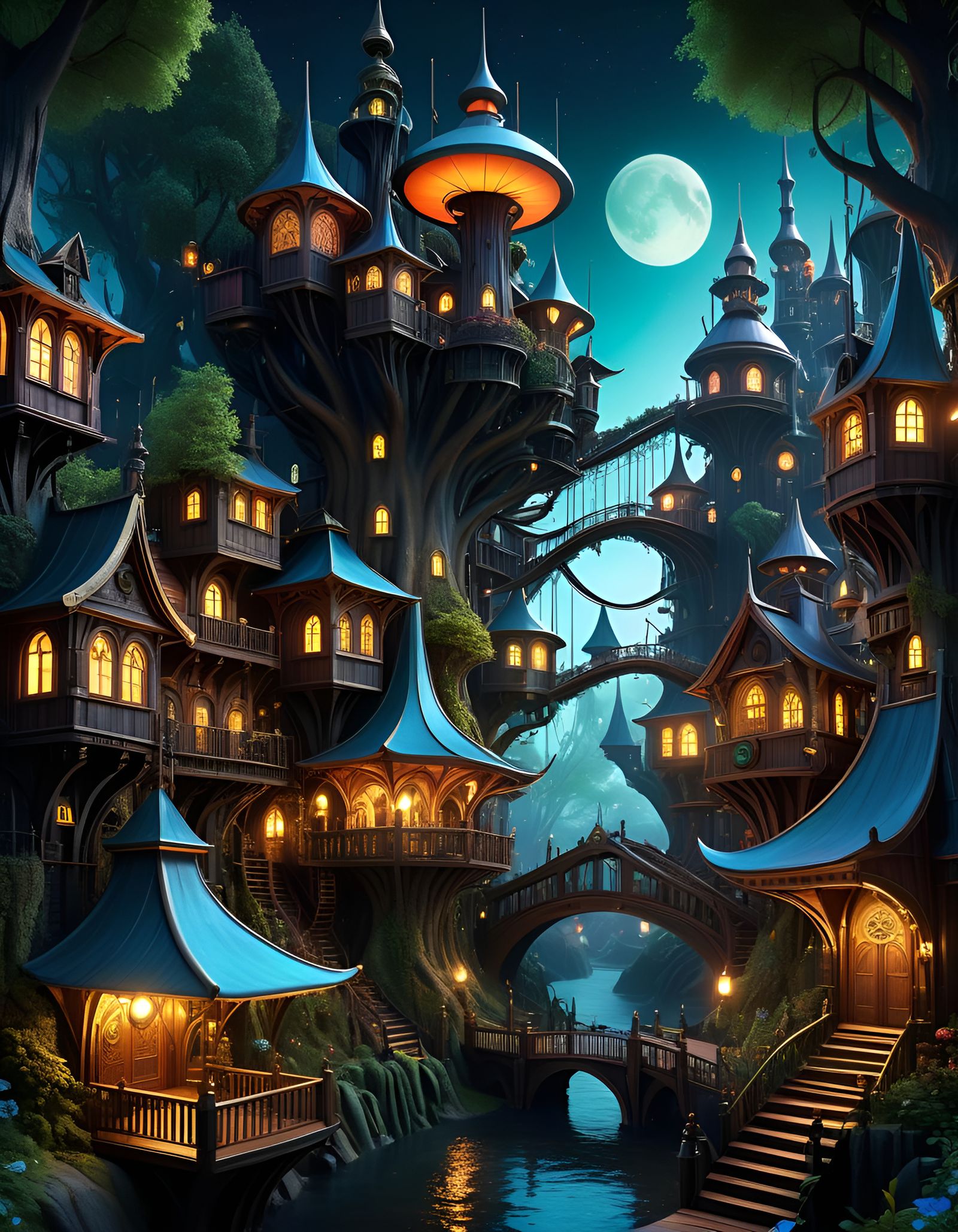 Goblincore Steampunk Tree City at Night