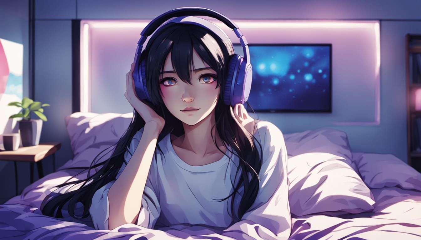 Anime Girl with Headphones in Japanese Illustration Style