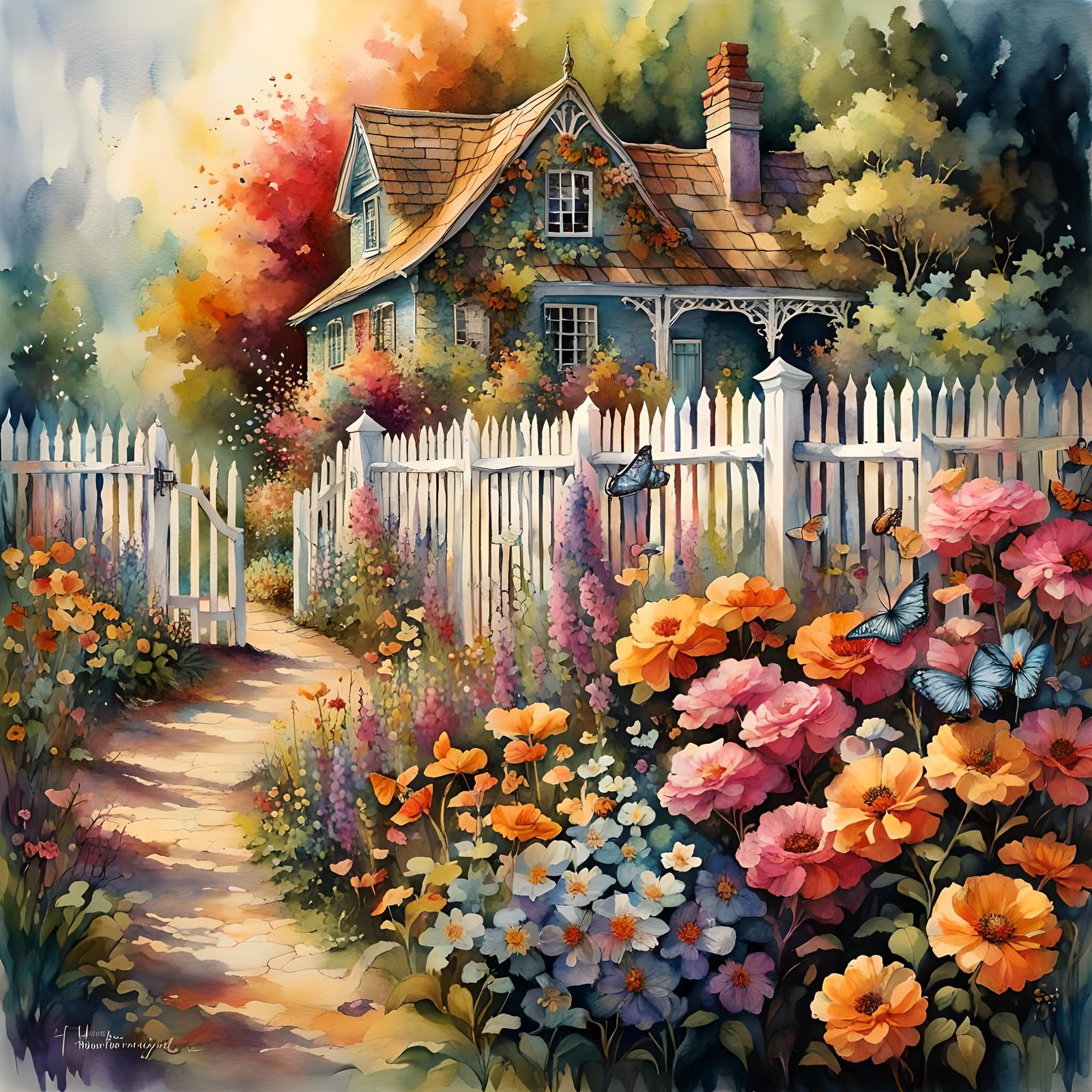 Watercolor Flower Garden with Cottage and Butterflies