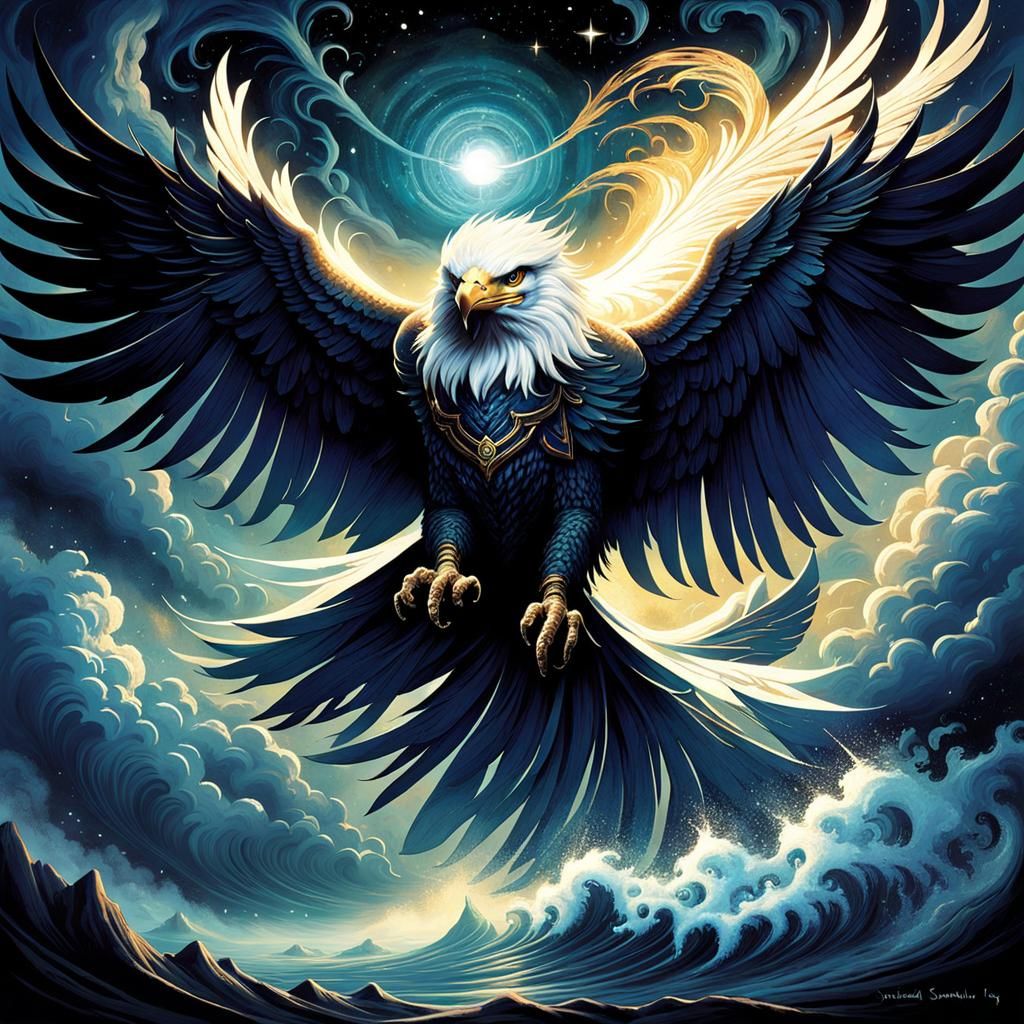 Eagle Soaring Through a Stormy, Fantastical Sky