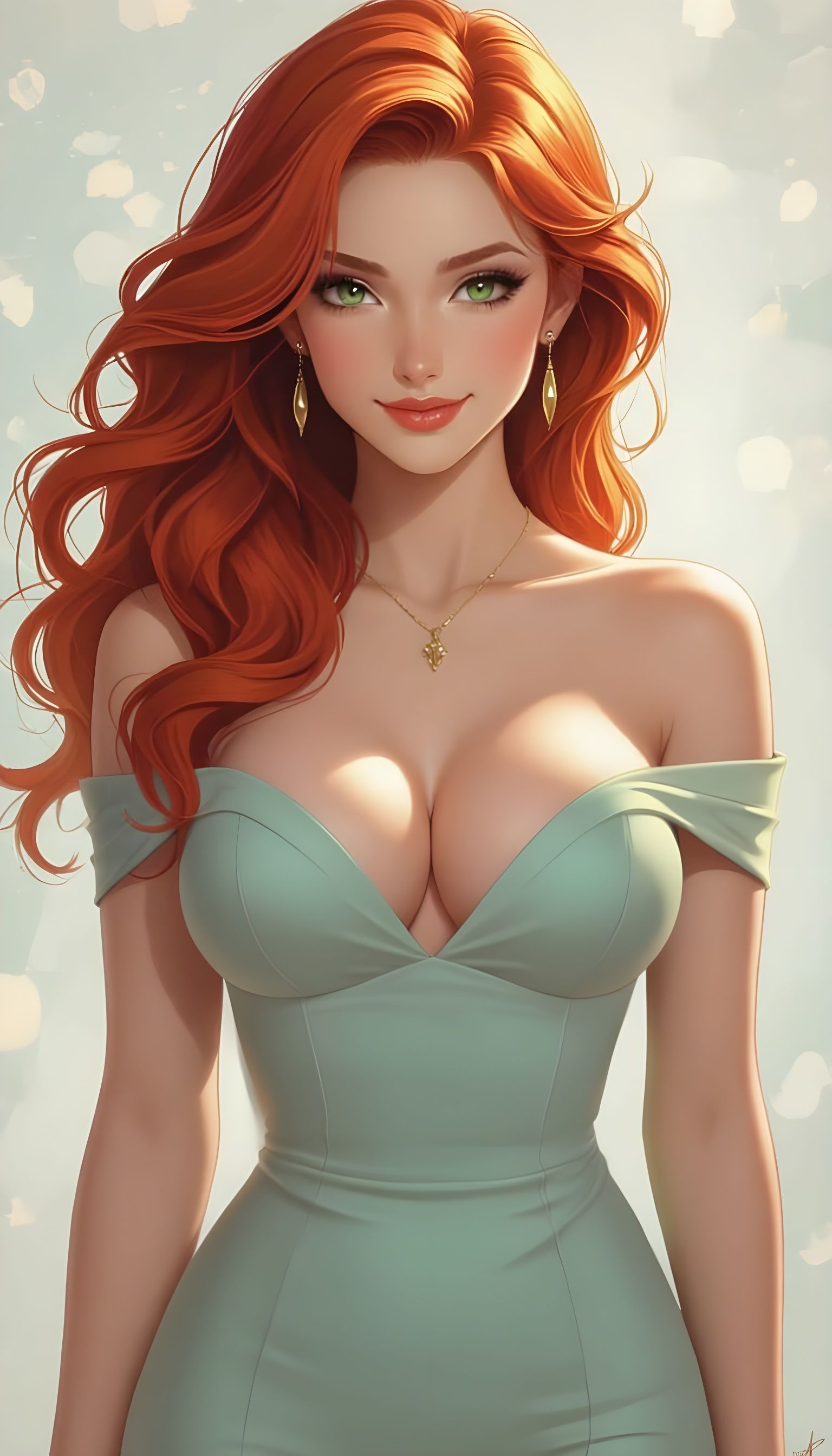 Redhead in Green Dress with Mysterious Smile