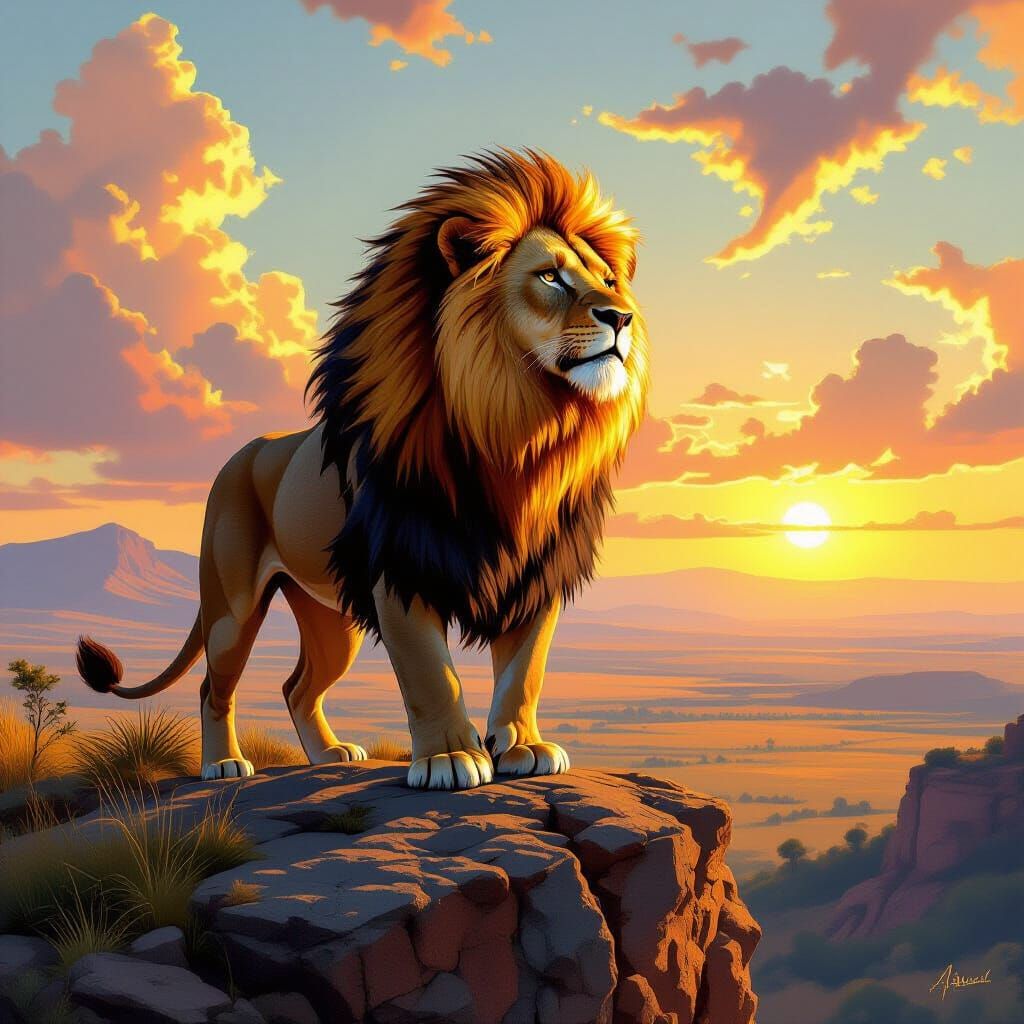 Lion with Flaming Mane Overlooking Savanna, Digital Art